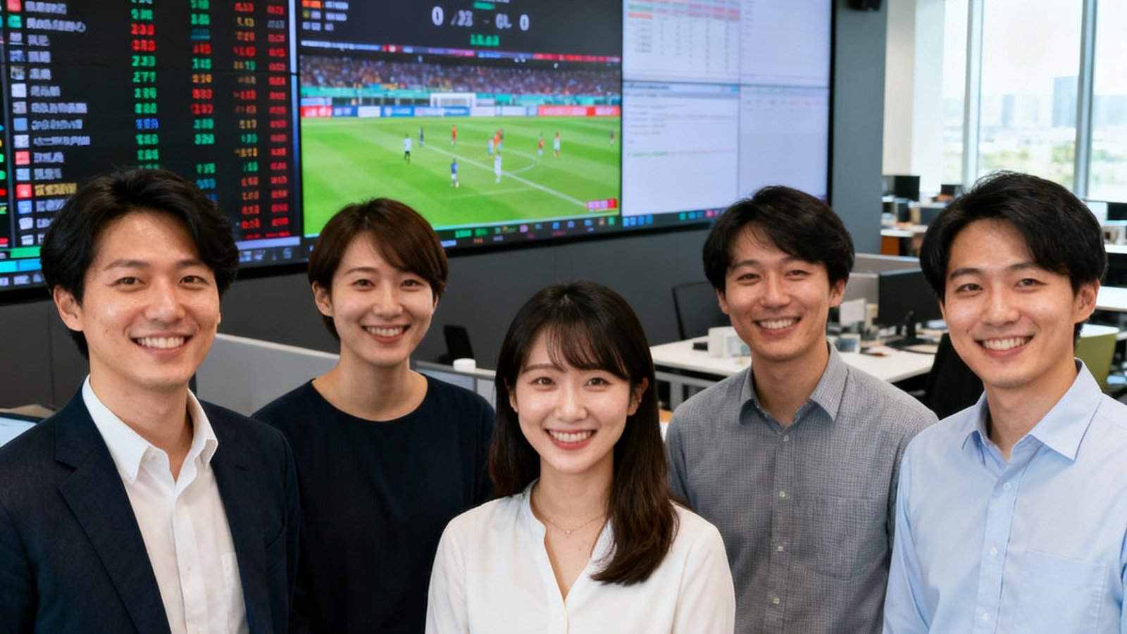 JRS看球网创始团队在深圳办公室合影，五位创始人站在数据大屏前微笑看向镜头，背景是显示实时比分和赛事数据的监控墙，办公室采用开放式设计。